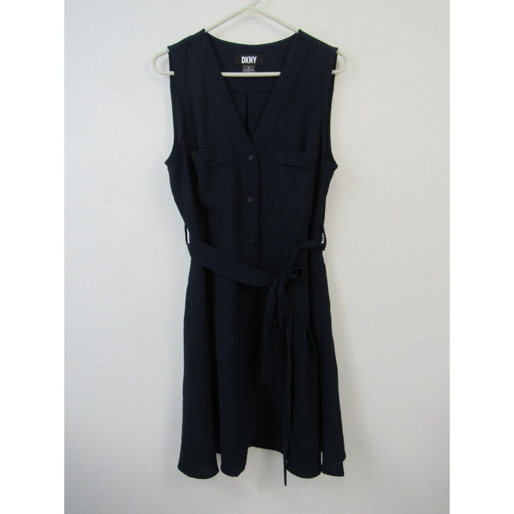 DKNY Size 16 Sleeveless Navy Blue Button Down Shirt Dress Mini Belted V Neck